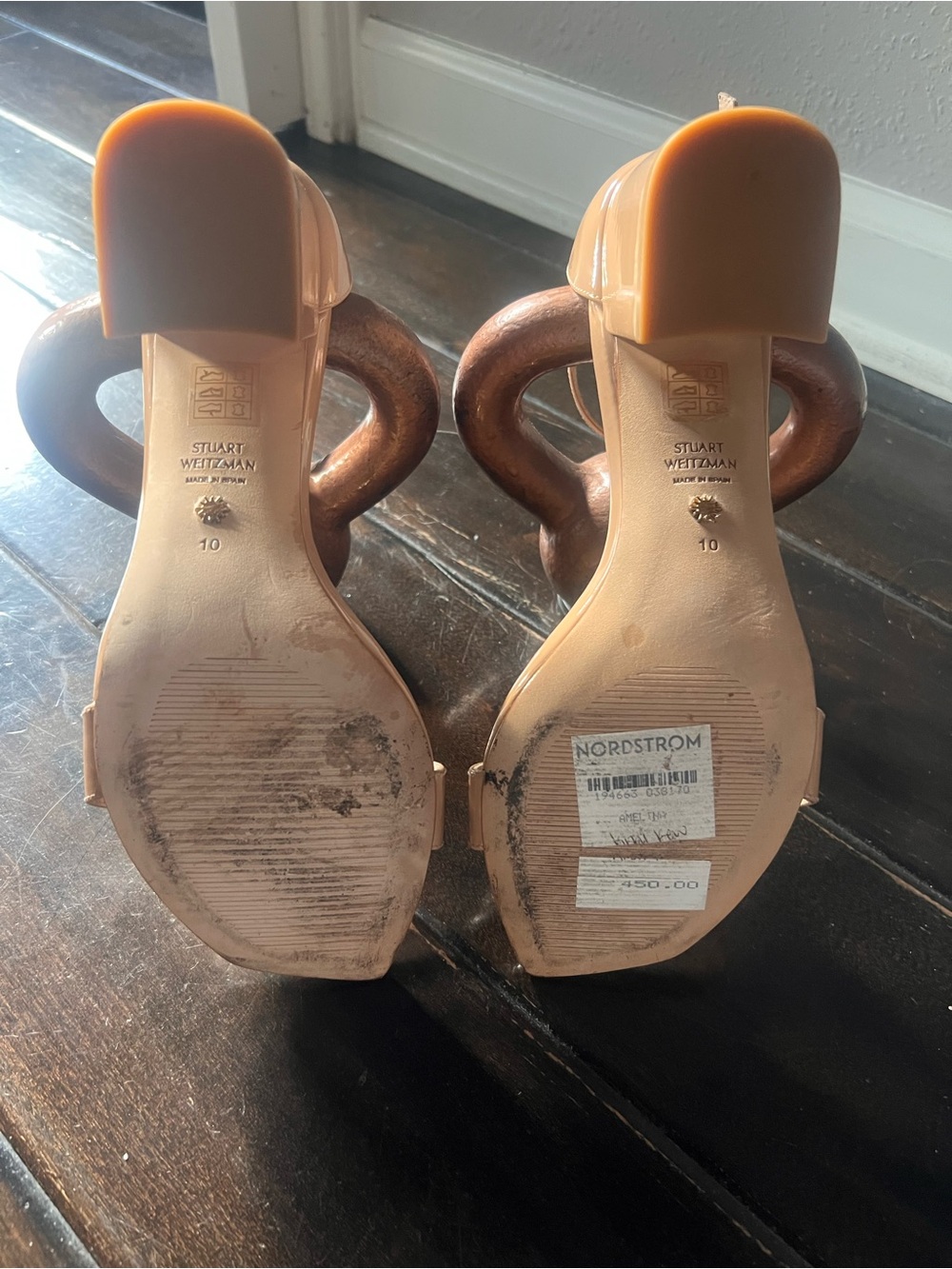 Stuart Weitzman Nude tan Gold Amelina chunky chain Block Heels Sandals size 10 - Picture 11 of 11